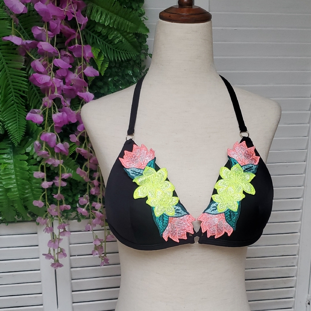 PINK Black Bikini Top with Neon Floral Embroidery Size M